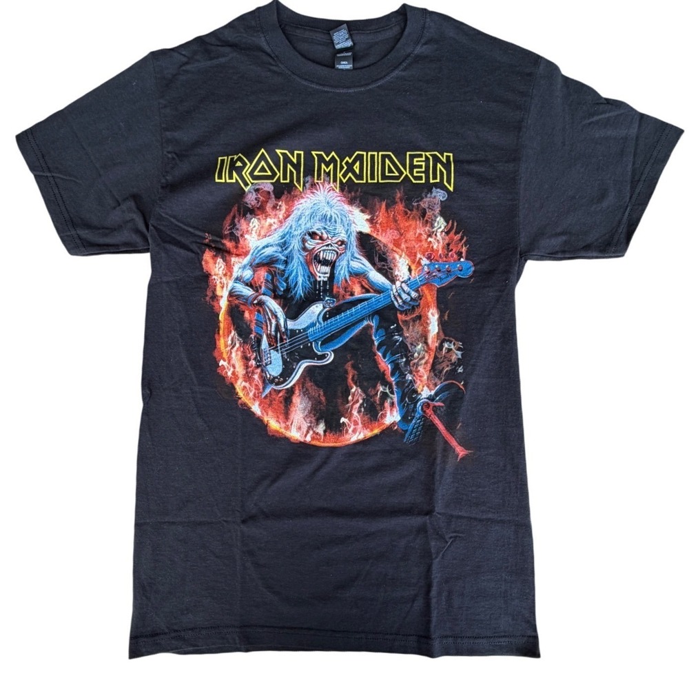 Iron Maiden Eddie Bass Guitar Flame Graphic T-Shirt Black Mens Small M&O Gold
